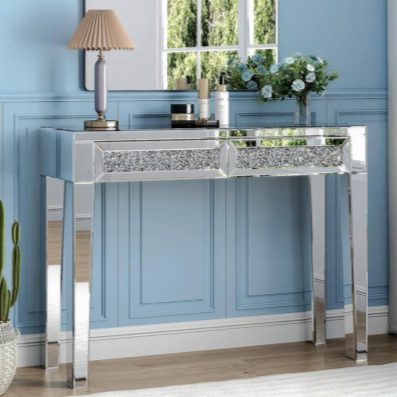 Mirrored Vanity Table Diamond Inlay 2-Drawer