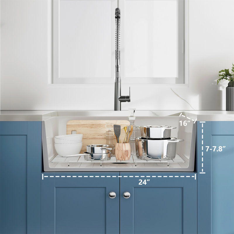 24 Inch White Fireclay Farmhouse Sink-24X 16 White Farm Sink For Small Kitchen And Laundry, Apron Front Porcelain Ceramic Sink Single Basin With Bottom Grid And Strainer