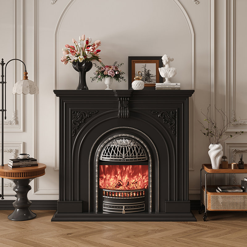 Foyer décoratif français en bois massif à flamme simulée, Noir, H 43,31 po x l 47,24 po x P 13,78 po