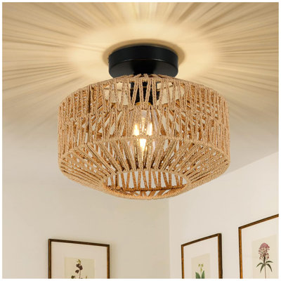 Boho Light Fixtures Ceiling Mount,Mini Rattan Chandelier Light Fixture With Dimmable LED Bulb,Hand Woven Ceiling Light Fixtures Flush Mount For Hallway Bedroom Kitchen Entryway Living Room