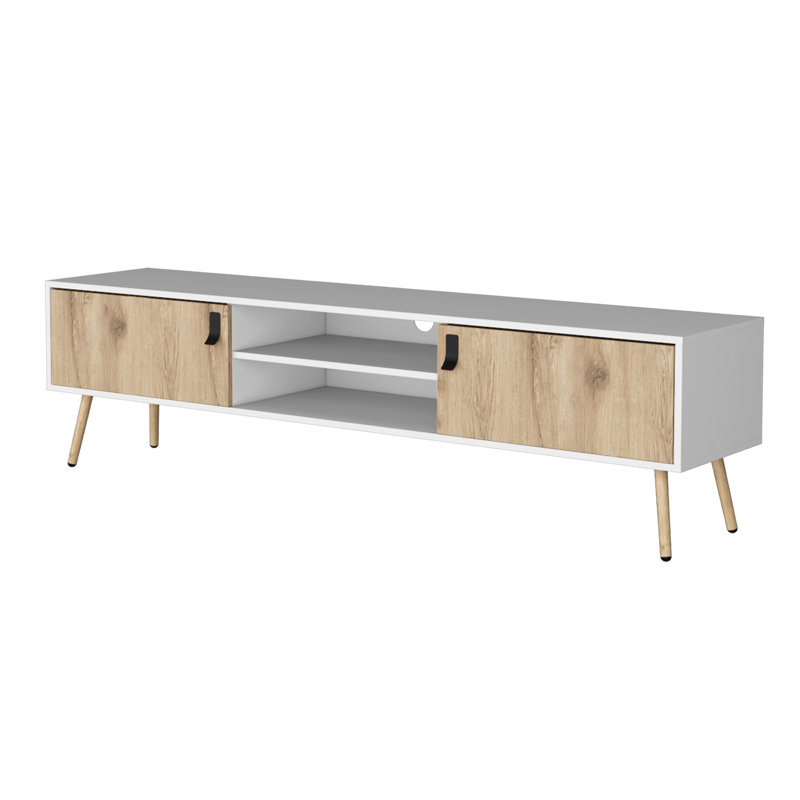 White And Tv Shelf With Convenient Cable Organization Stand 4 Shelves 2 Drawers In Natural Modern Look