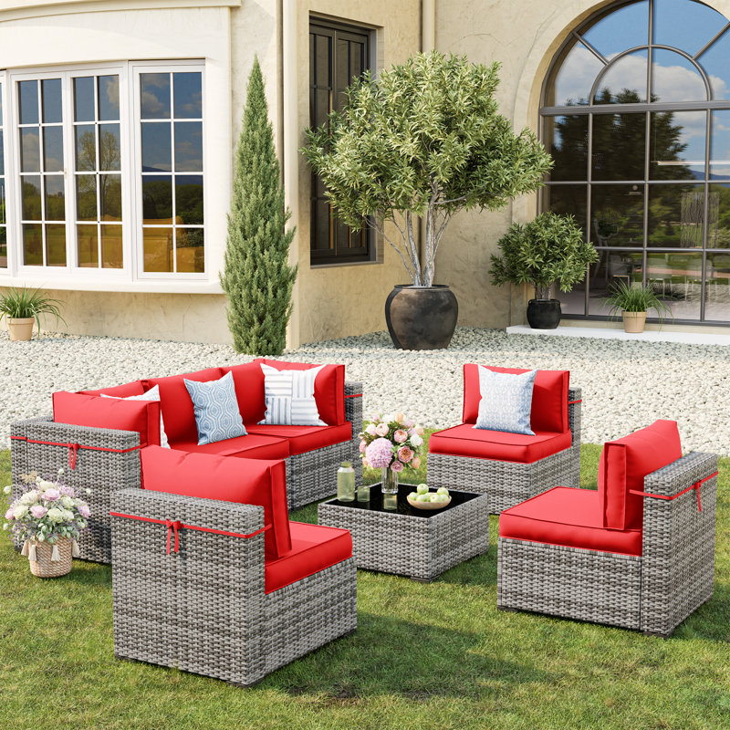 Cawanna 7-Piece Outdoor Rattan Seating Group with Cushions, Bright Red, No