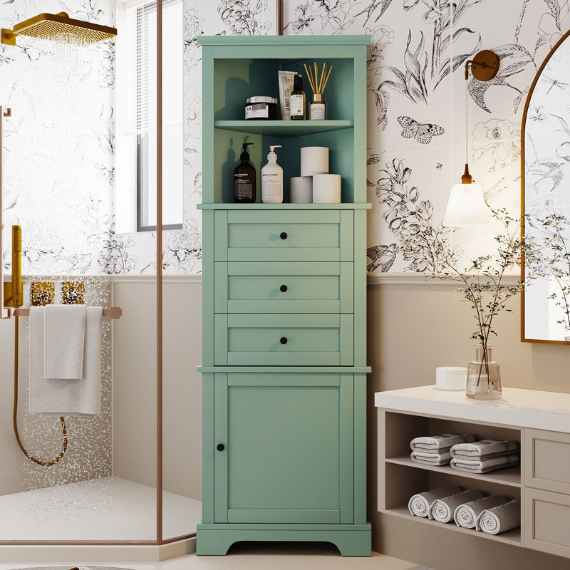 Tall Corner Cabinet With 3 Drawers And Adjustable Shelf For Home Interior Shelves Use, Green