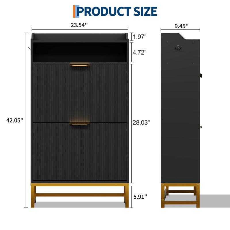 Narrow Fluted Shoe Cabinet with 2 Flip Drawers and Open Shelf, Modern Slim Shoe Storage for Entryway, Black