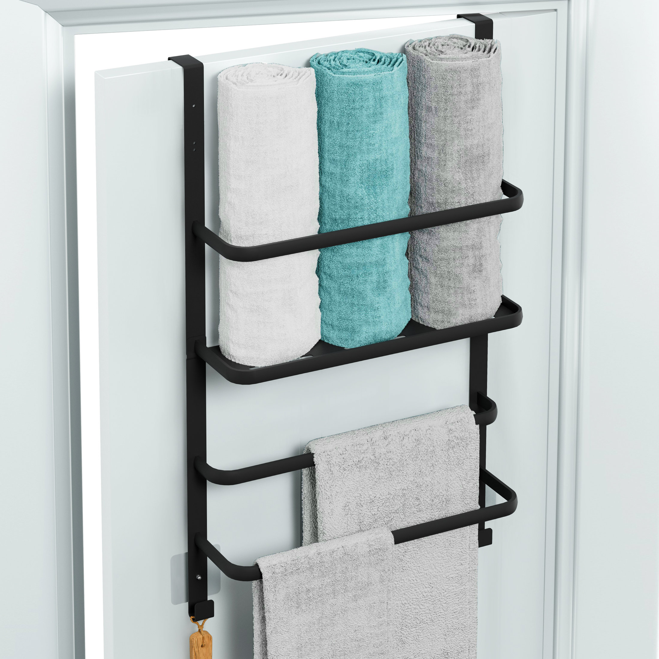 5 Tier Over The Door Towel Rack Bathroom Behind Door Towel Holder with Hooks, Size: 53.35, Black