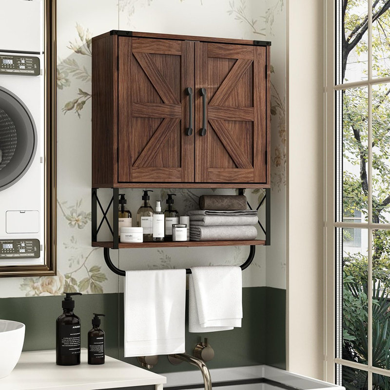 Farmhouse Medicine Cabinet With 2 Barn Door,Wood Wall Mounted Storage Cabinet With Adjustable Shelf And Towel Bar, 3-Tier Bathroom Cabinet For Bathroom, Living Room(Dark Walnut, Medium)