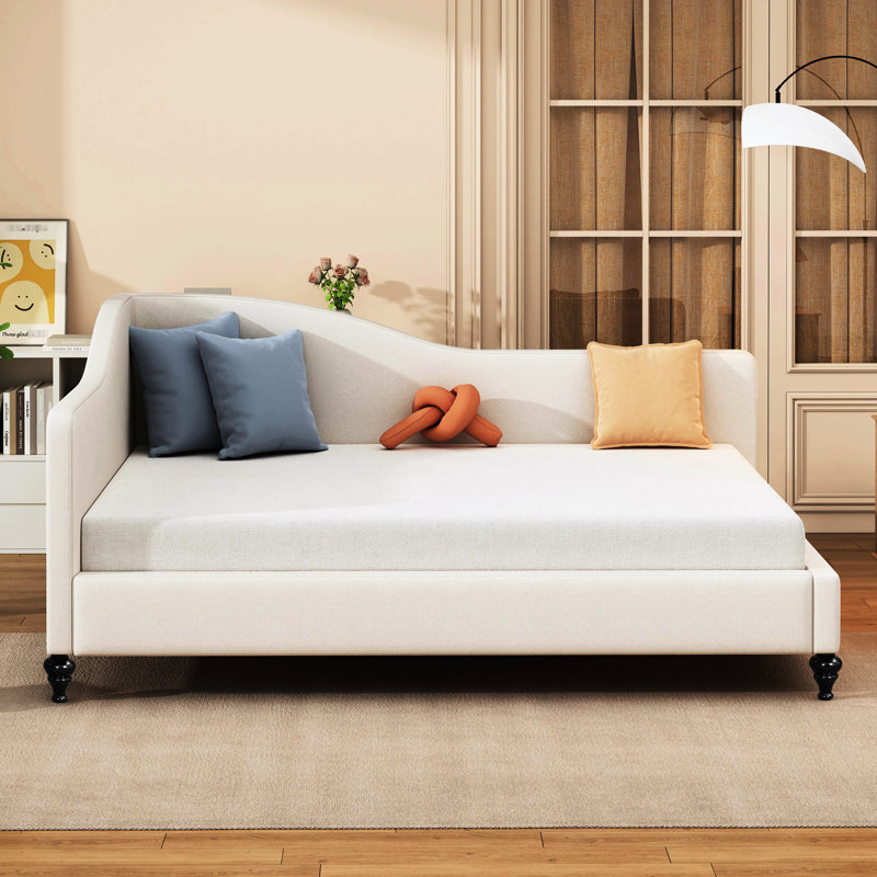 Lit de jour en L en lin beige indémodable avec pieds en bois massif - attrait durable pour un espace de vie confortable