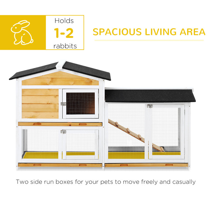 2-Story Rabbit Hutch Wooden Bunny Hutch Cage Small Animal House With Ramp, No Leak Tray, Weatherproof Roof And Outdoor Run, Indoor/Outdoor, Yellow
