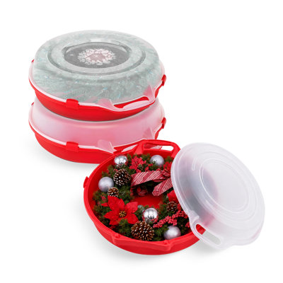 Ensemble de 3 boîtes de rangement empilables de 61 cm (24 po) en plastique transparent rouge, pour couronnes et guirlandes de Noël. Ces boîtes sont munies de couvercles et de poignées.