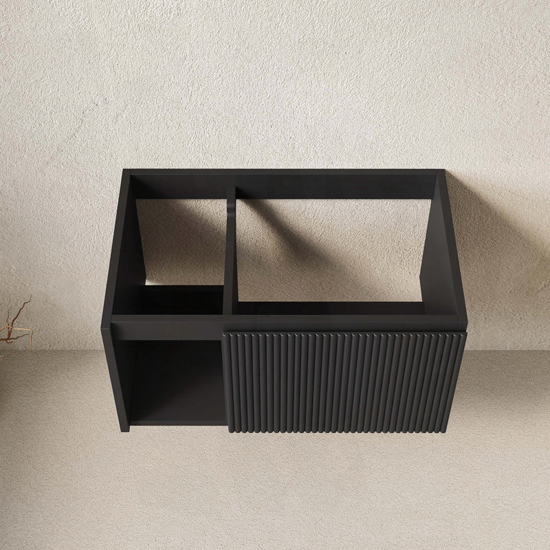Floating Bathroom Cabinet with Striped Door and Open Shelf, No Basin or Top, 29.53"W Black
