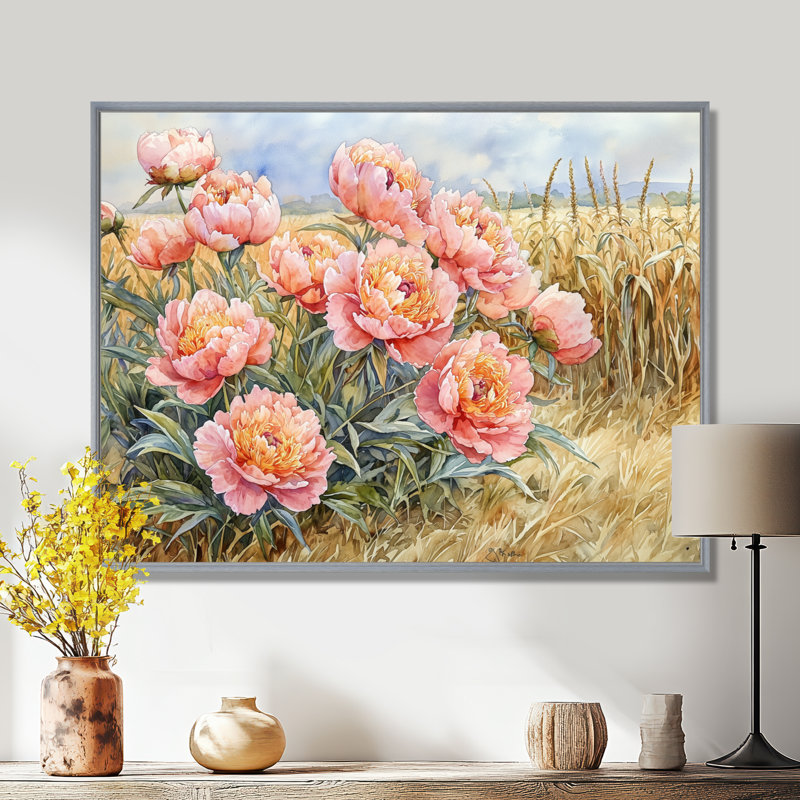«Pe pivoines le long du champ de maïs I», art mural pivoines, H 30 po x l 40 po, Avec cadre, Argent argent