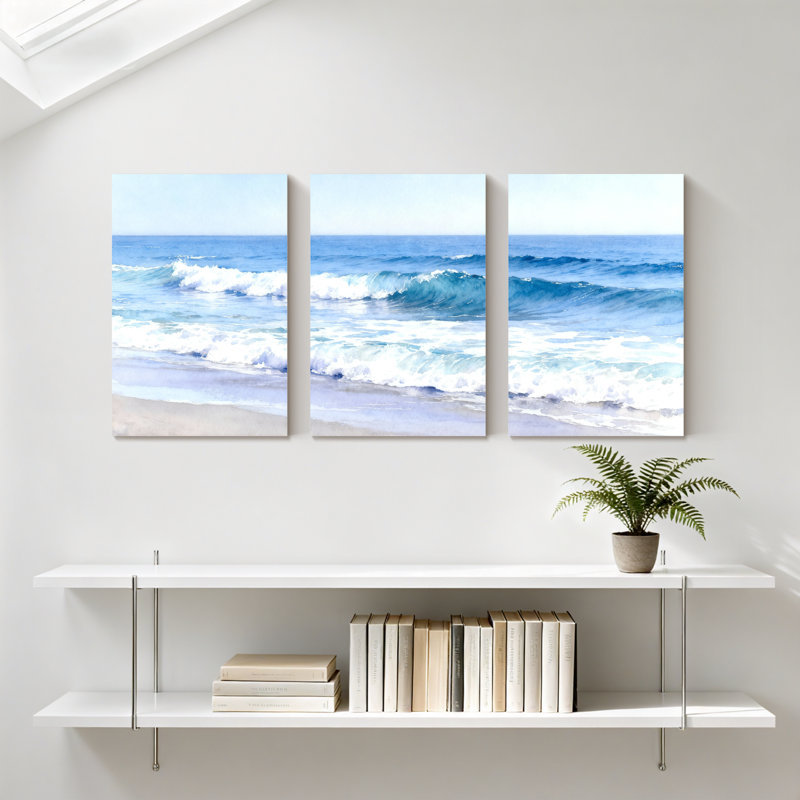 Hiver forêt, océan, vagues, plage, ciel, sable, eau, horizon, bleu, ensemble de 3 impressions sur toile, H 18 po x l 36 po