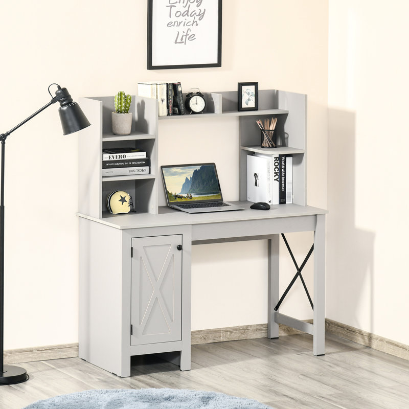 Bureau d'ordinateur avec huche et armoire HOMcom Farmhouse, bureau à domicile avec rangement, pour bureau, gris clair