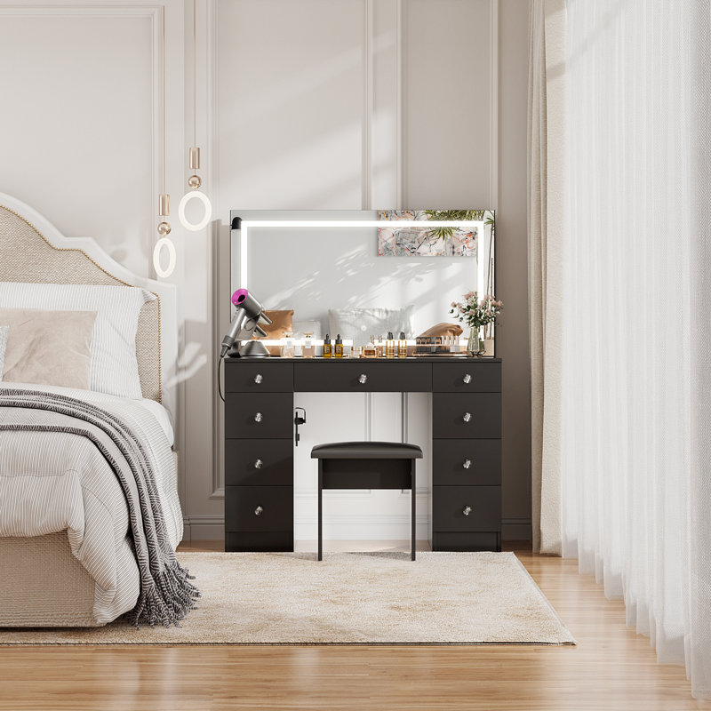 Vanity Set With LED Mirror & Power Outlets, 9 Drawers with Diamond Handles