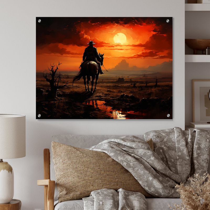 Cowboys, lever de soleil sur le cheval - Cowboys, art mural en acrylique, H 30 po x l 40 po