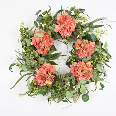 22" Artificial Greenery Foliage Leaves Berry Floral Hydrangea Spring Summer Wreath For Front Door