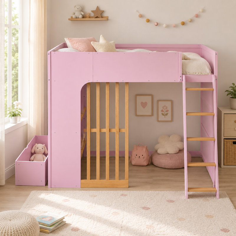 Lit mezzanine avec tablettes de rangement Leonide, Lit double, Rose