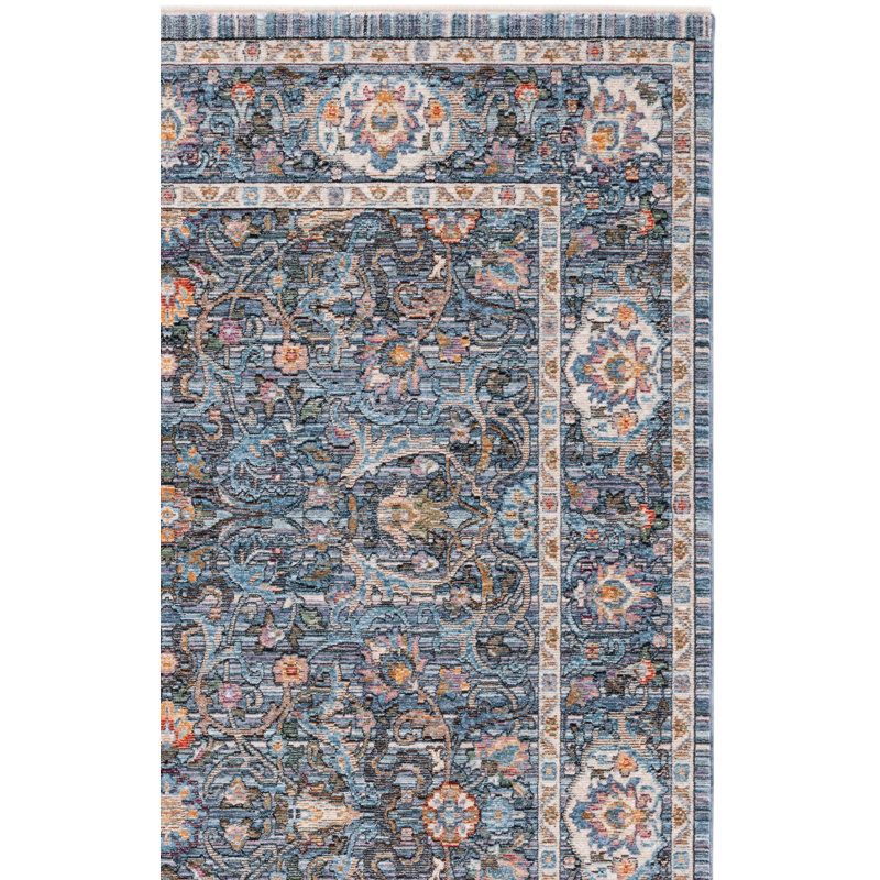 Tapis oriental en polyester tissé à la machine en bleu / ivoire, Rectangle 4 pi x 6 pi