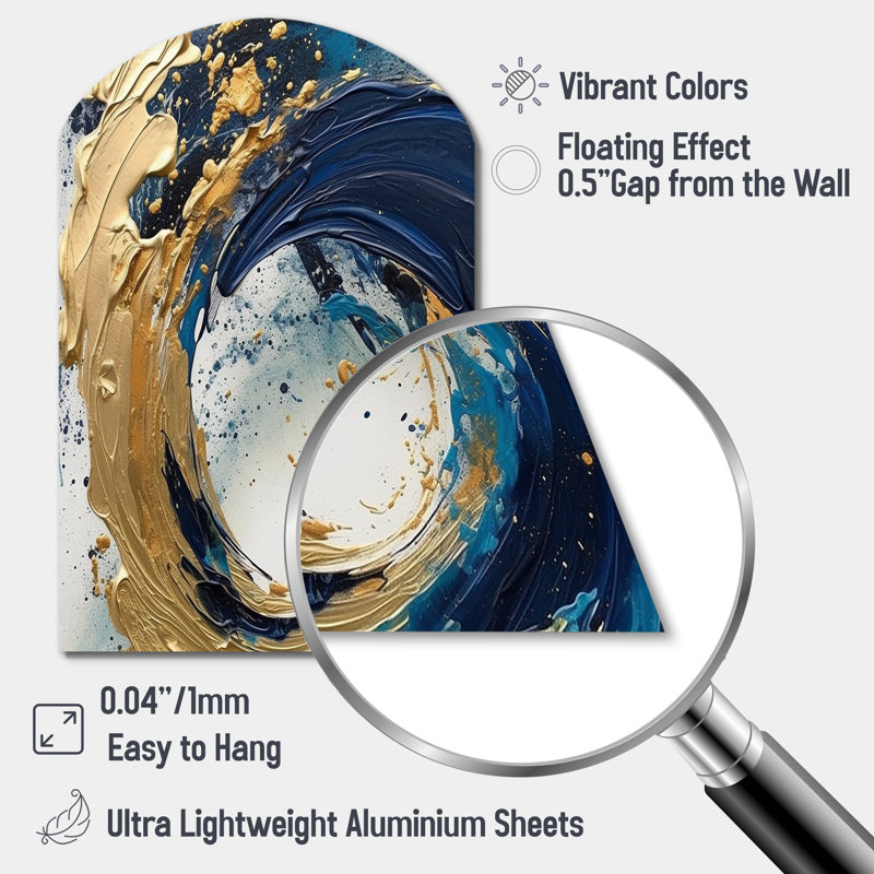 «Dark Blue and Gold Strokes VI» - Décoration murale abstraite asymétrique en métal, sculpture murale en arche