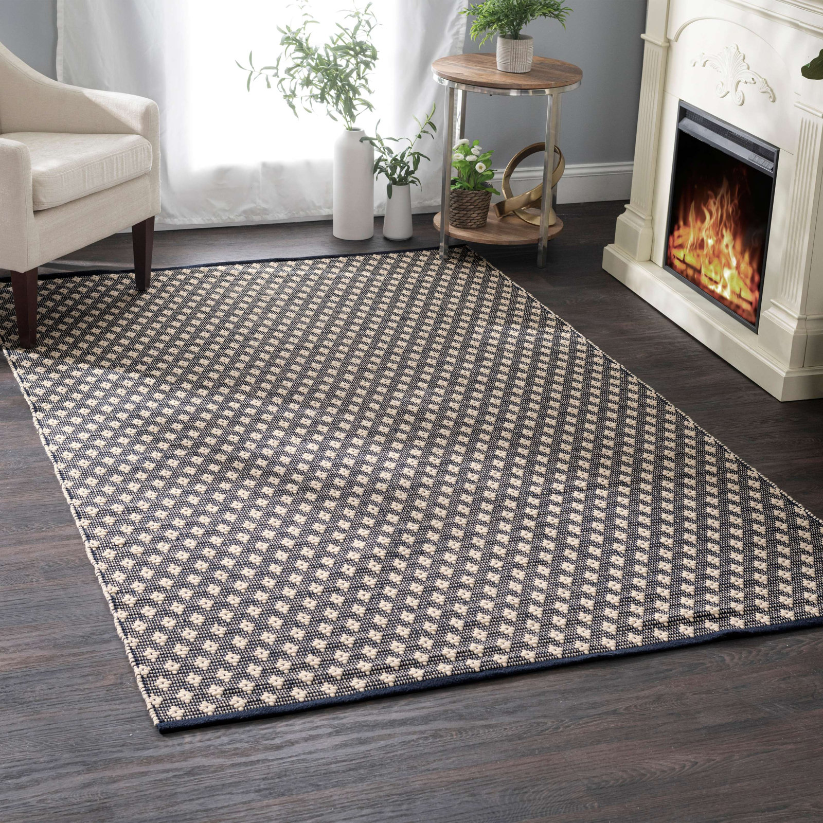 Dainty Diamond Navy/Ivory Handwoven Cotton Rug, Rectangle 4' x 6'