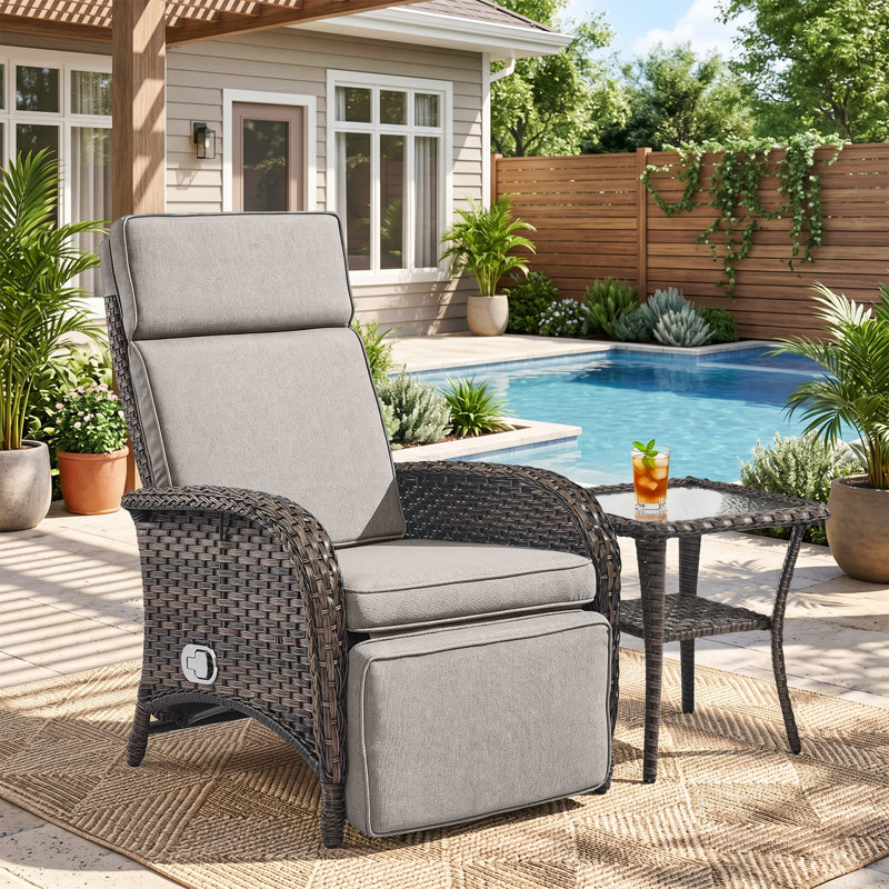 Serita Outdoor PE Wicker Adjustable Reclining Lounge Chair With Cushions, Beige