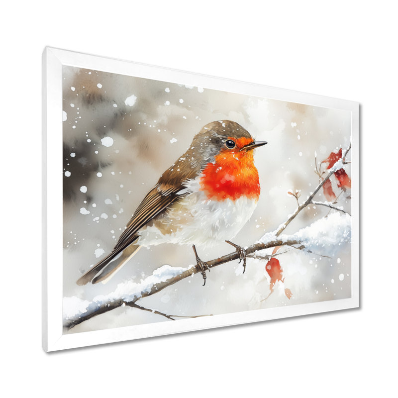 Hiver, oiseau rouge dans la forêt II - oiseau, art mural, H 30 po x l 40 po, Cadre simple, Blanc