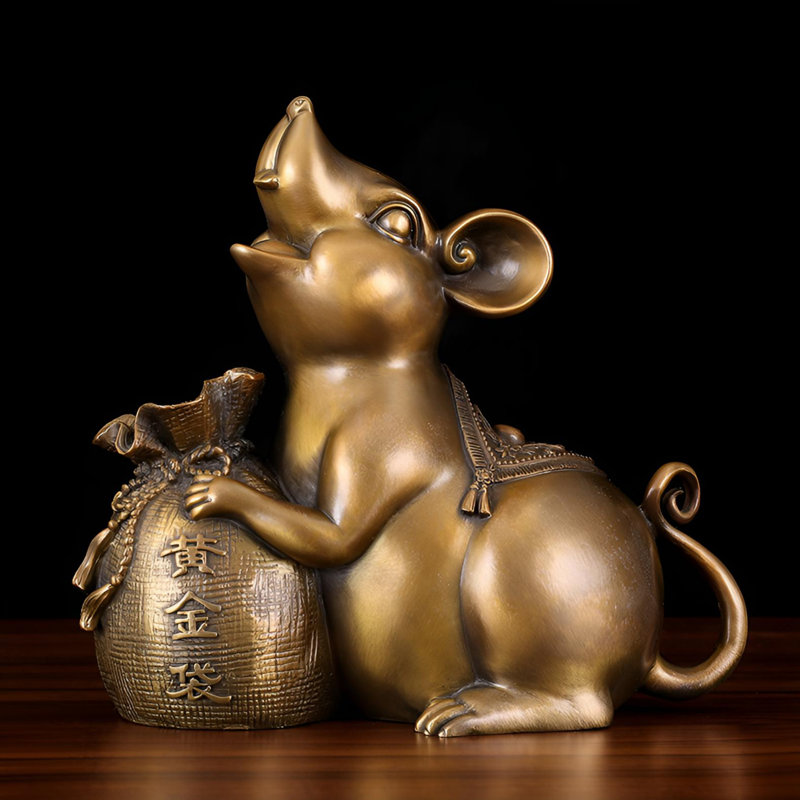 Figurine de rat en laiton - sac de richesse doré, Doré