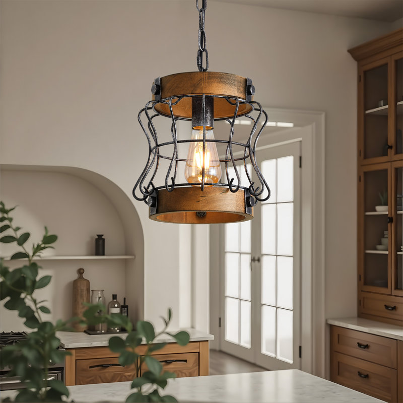 Luminaire suspendu pour îlot de cuisine en bois de ferme de 60 watts 1 lumière noir avec texture de bois brûlé, 59 po Chaîne réglable