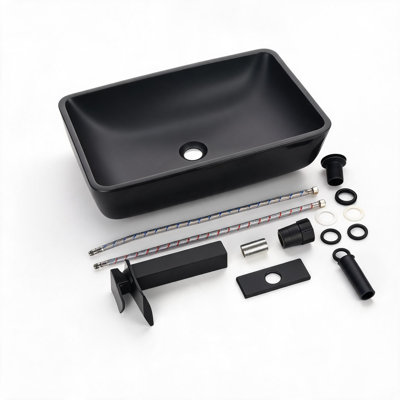 Vasque de salle de bain rectangulaire en verre noir mat, 56 cm x 36 cm x 10 cm, avec robinet et bonde clic-clac.