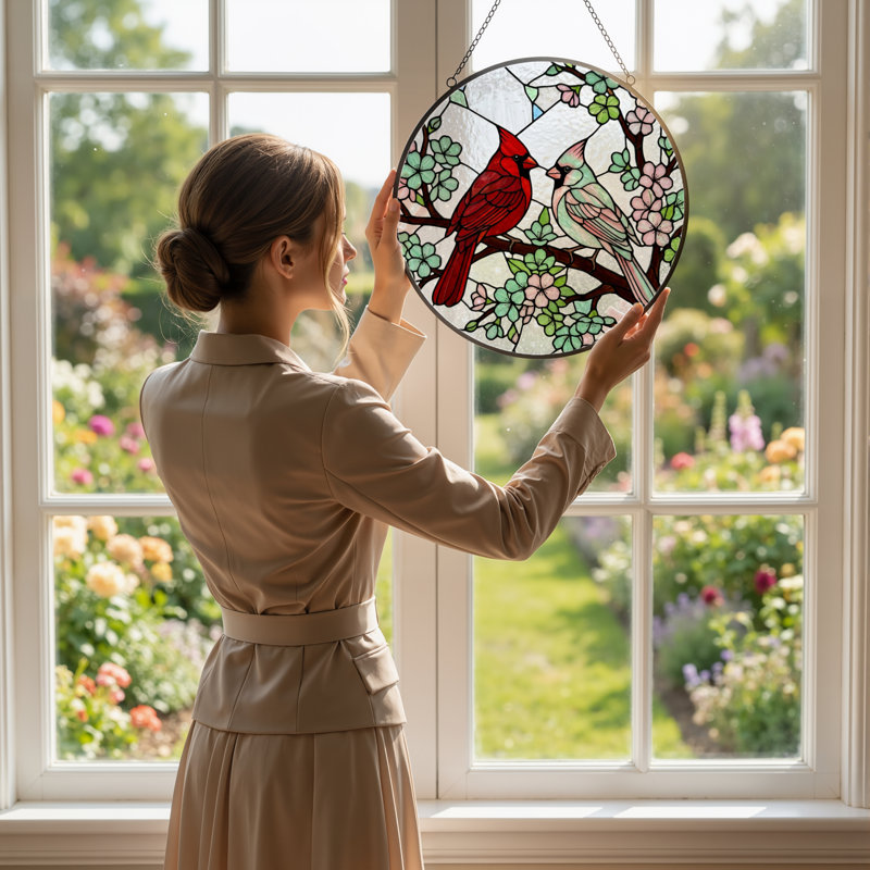12"H Cardinal Blossom Stained Glass Window Panel, 12" H x 12" W