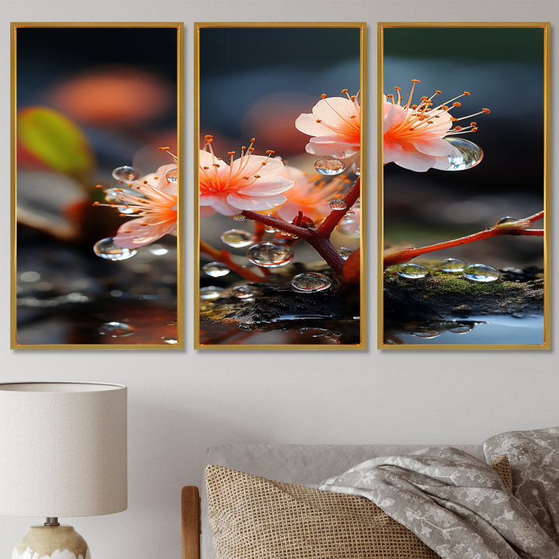 Tibo - Ensemble de décoration murale fleur de pommier, Cadre flottant doré, H 40 po x l 60 po x P 1 po