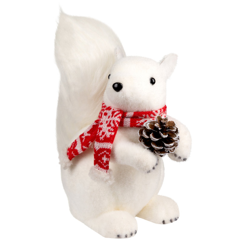 Figurine de Noël écureuil assis avec écharpe flocon de neige - 10,5 po - blanc et rouge