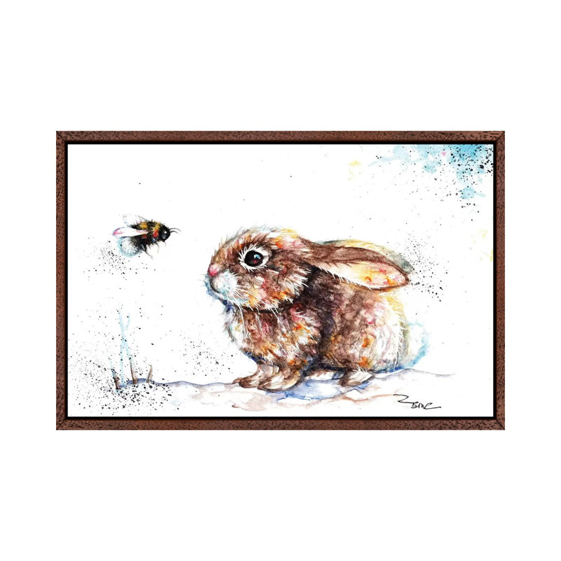 Rabbit And Bee III - Painting on Canvas, 45.72cm H x 66.04cm W x 3.81cm D, Classic Brown Wood Framed