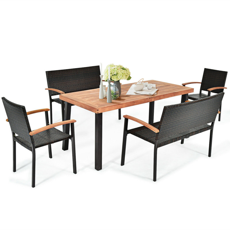 Clinger 6 - Person Acacia Wicker Patio Dining Set with Rectangular Table