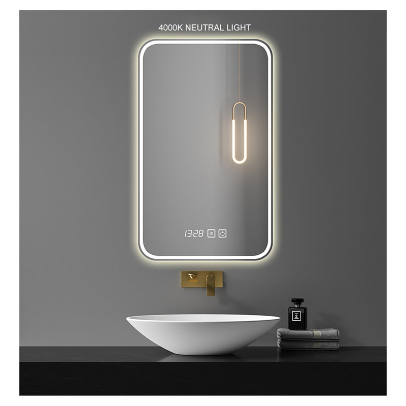 Miroir intelligent pour meuble-lavabo à DEL 20 * 28 pouces avec affichage de l'heure et de la température, équipé d'un désembuage et d'un éclairage dégradé en 3 couleurs.