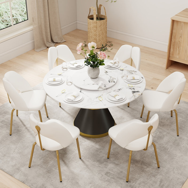 Ryding Modern Round Sintered Stone Dining Table with Rotating Tray, 29.5" H x 53" L x 53" W, Patek White