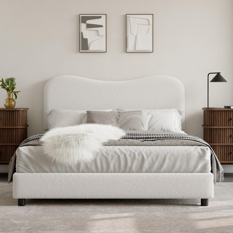 Queen Kids Bed Frame with Upholstered Boucle Headboard, Soft Low Profile Platform for Girls & Boys, White