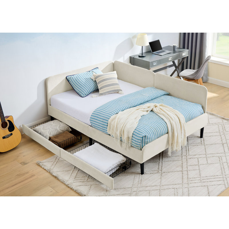 Upholstered Platform Bed Frame with Drawers, Beige, Full/Double
