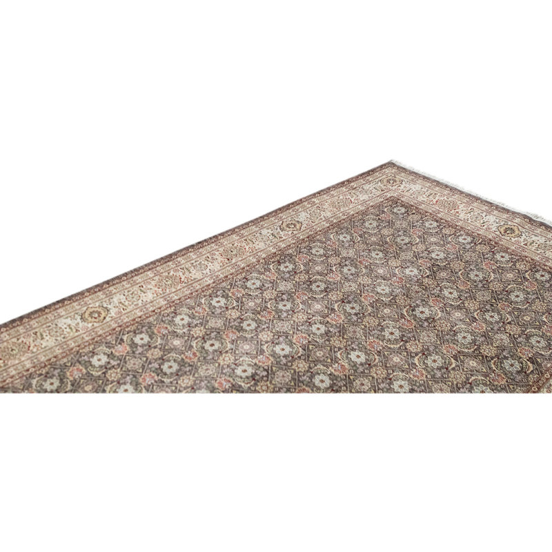 Tapis unique vert olive / beige / brun noué à la main de haute qualité