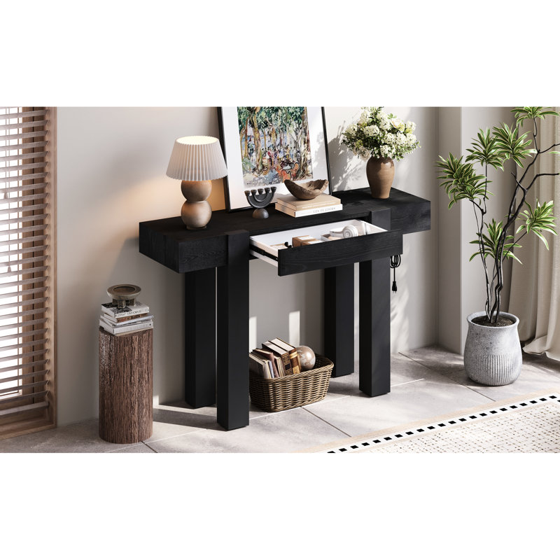 Table en bois noir rustique - style minimaliste pour les salons, tiroir caché, prise de courant latérale, installation en 30 minutes, entrées et assemblage en bois massif