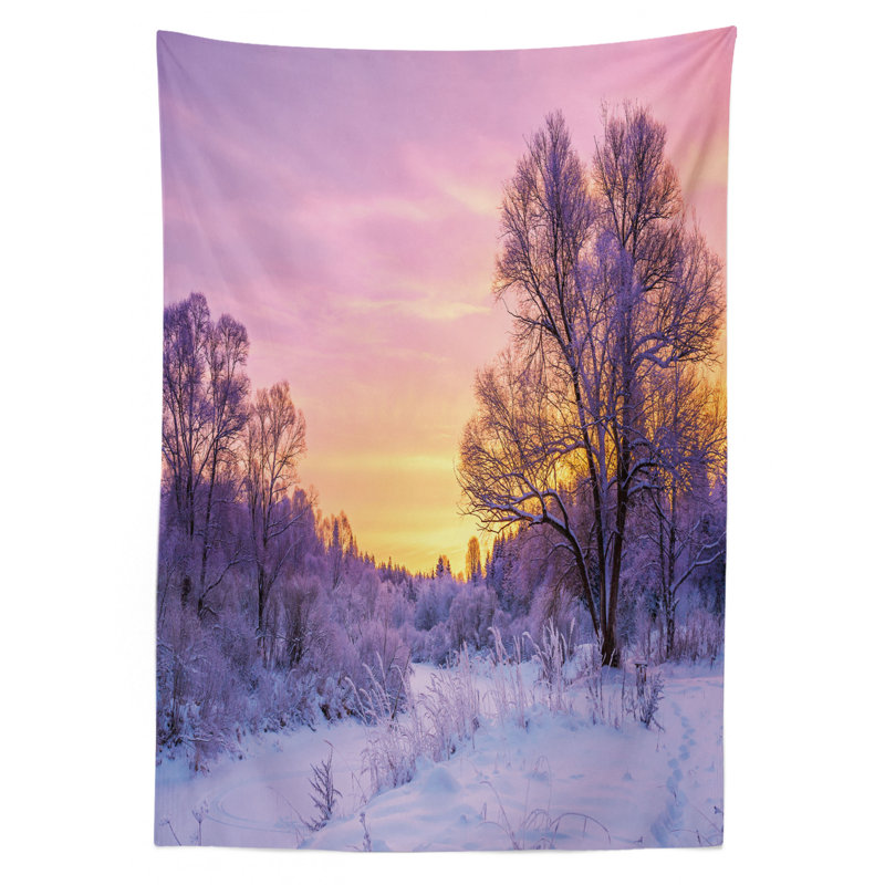 Ambesonne Forest Tablecloth, Winter Landscape With Sunset And Frozen Trees Ice Weather Blizzard Cold Days Image, Rectangular Table Cover For Dining Room Kitchen Decor, 60" X 90", Pink White