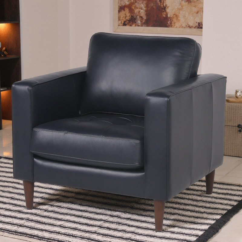 Chaise capitonnée classique en cuir Mid-Century bleu marine