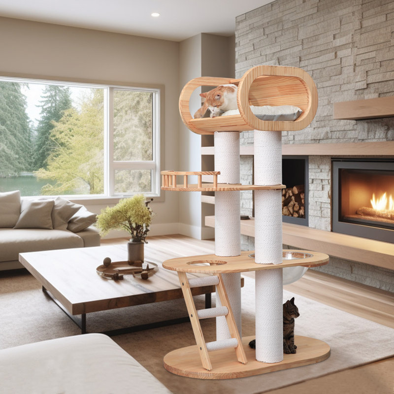 Tour pour arbre à chat moderne de 63 po de hauteur, arbre à chat en bois de luxe pour grands adultes, tour à chat robuste avec poteaux à griffer en sisal, mobilier pour chat à plusieurs niveaux avec coussin, bol transparent pour chats du Maine 