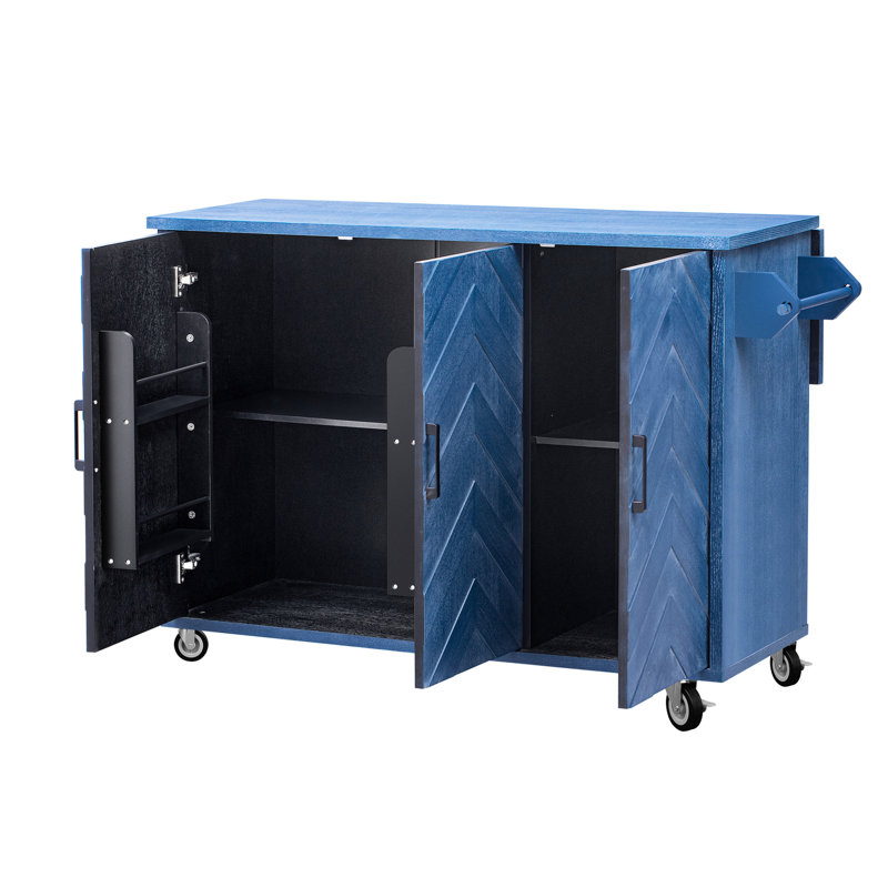 Îlot de cuisine à rayures 3D avec placage de frêne, rangement interne, comptoir à abattants et pieds en bois de pin massif (conception de style moderne bleu marine, rangement, fonction mobile bleu)