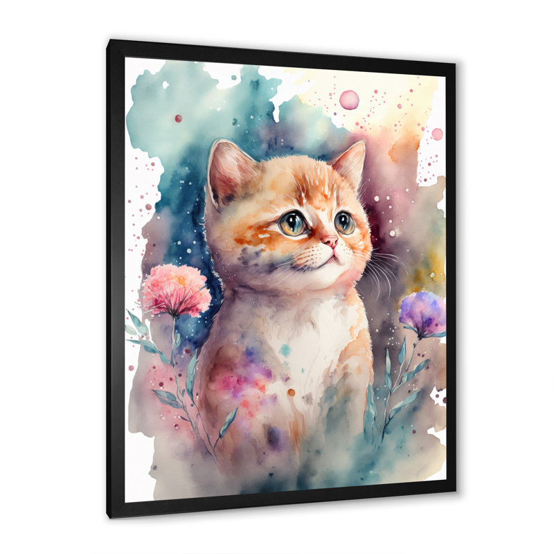 Petit chaton entouré de fleurs colorées IV - animaux, art mural sur toile, Cadre photo noir, L 12 po x H 20 po
