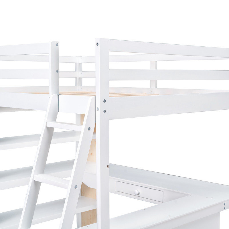 Lit mezzanine avec bureau en L et bibliothèque de rangement, Blanc, Plein