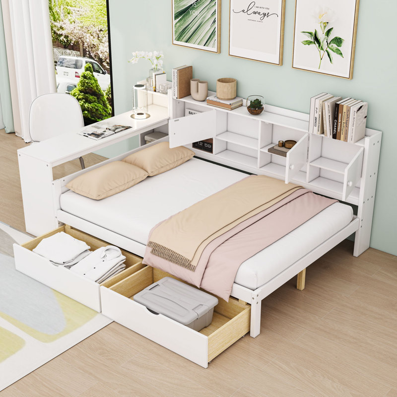 Wooden Daybed with Storage Drawers and Adjustable Study Desk, Full, White