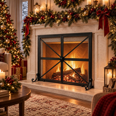 Wrought Iron Fireplace Screen with Doors and Adjustable Rear Feet