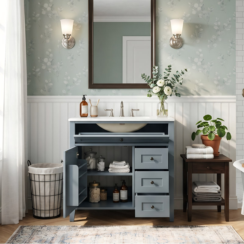 Meuble-lavabo de salle de bain moderne 30 po avec lavabo en céramique, armoire en bois d'hévéa et panneau de fibres à densité moyenne avec tiroir basculant (noir / blanc / gris / vert)