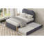 Lit simple gris avec plateforme rembourrée et lit gigogne portatif, sans sommier, pratique pour les invités-627436581-627436580